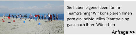 Sie haben eigene Ideen für Ihr  Teamtraining? Wir konzipieren Ihnen  gern ein individuelles Teamtraining  ganz nach Ihren Wünschen Anfrage >>